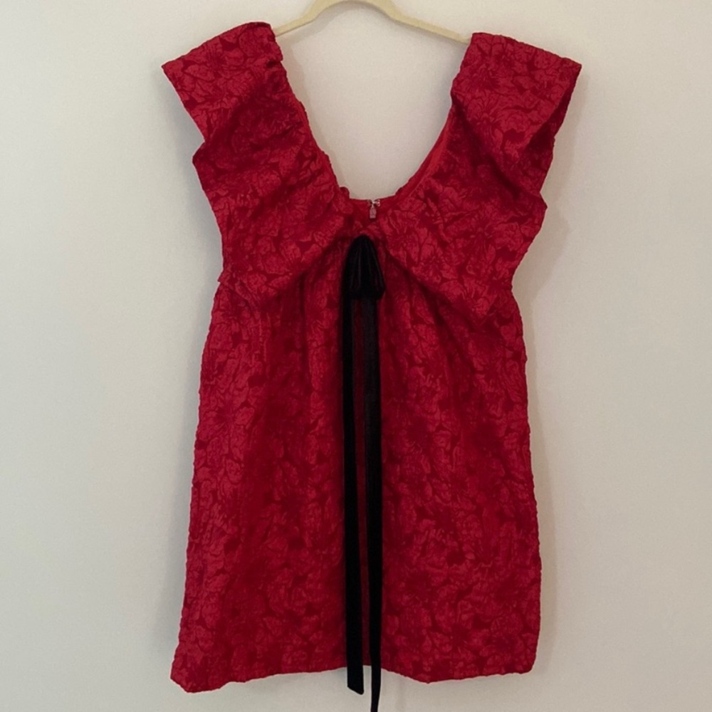 Jacquard Red Dress with Black Velvet Bow
